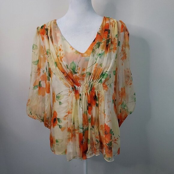 Sundance Tops - Sundance Sylvan Silk V-Neck Floral Print Balloon Sleeve Top Size PM